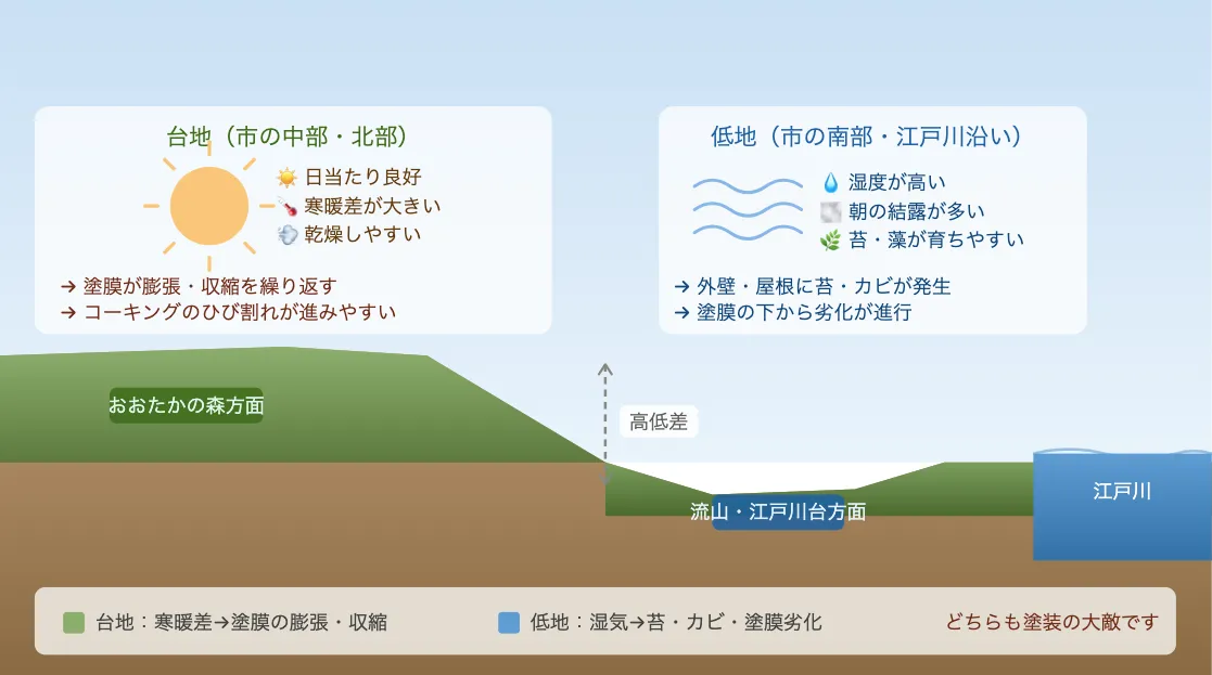 台地と低地が混在する流山市の地形イメージ